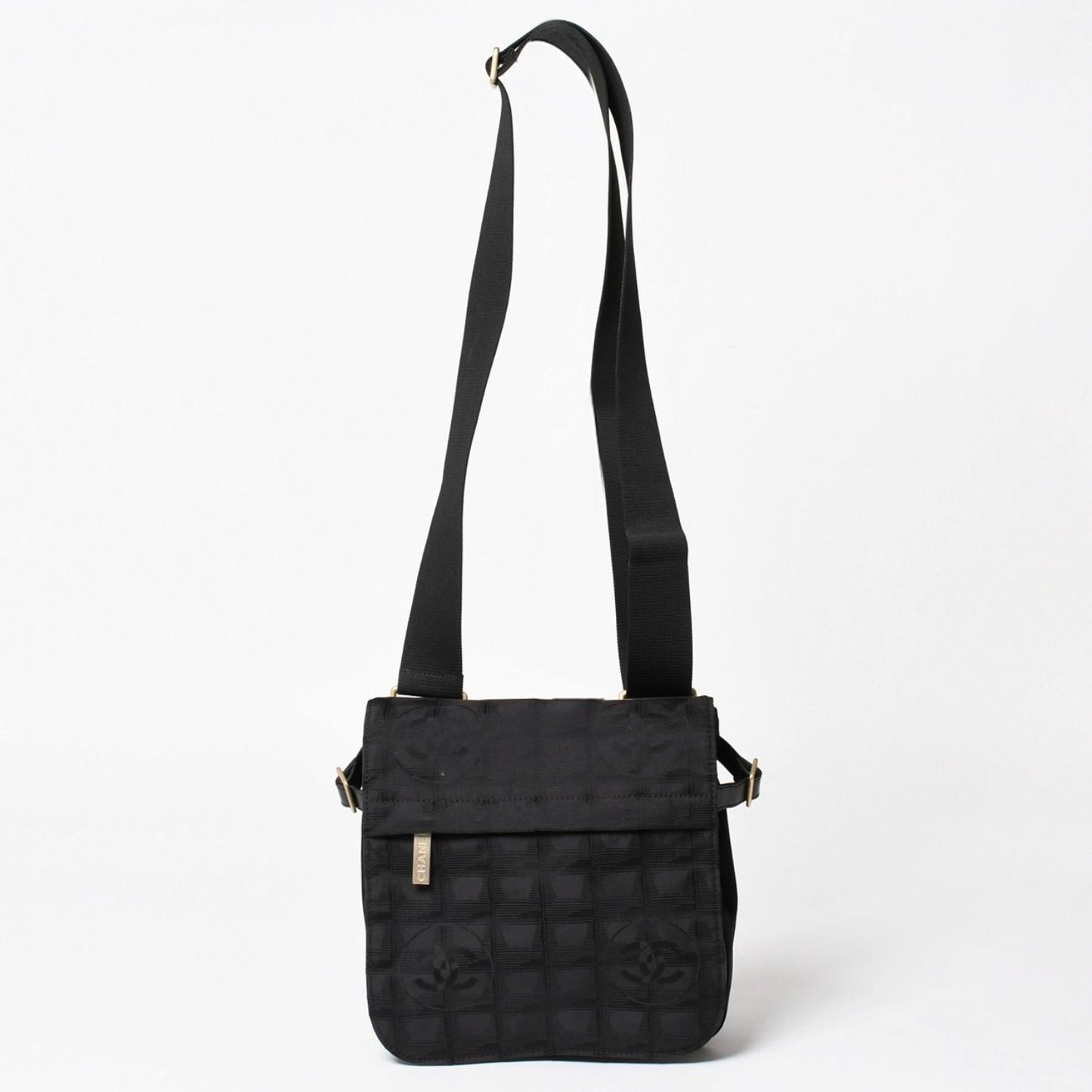 Chanel New Travel Line Messenger Bag Nylon Jacquard Leather Gold