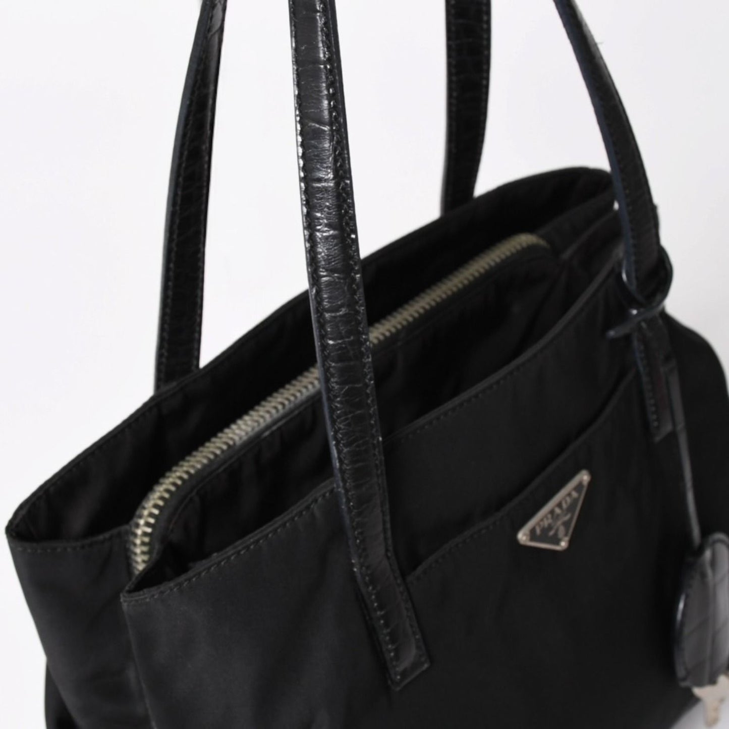 Prada Tote Bag Croco Embossed Nylon Leather Black Silver — view 4