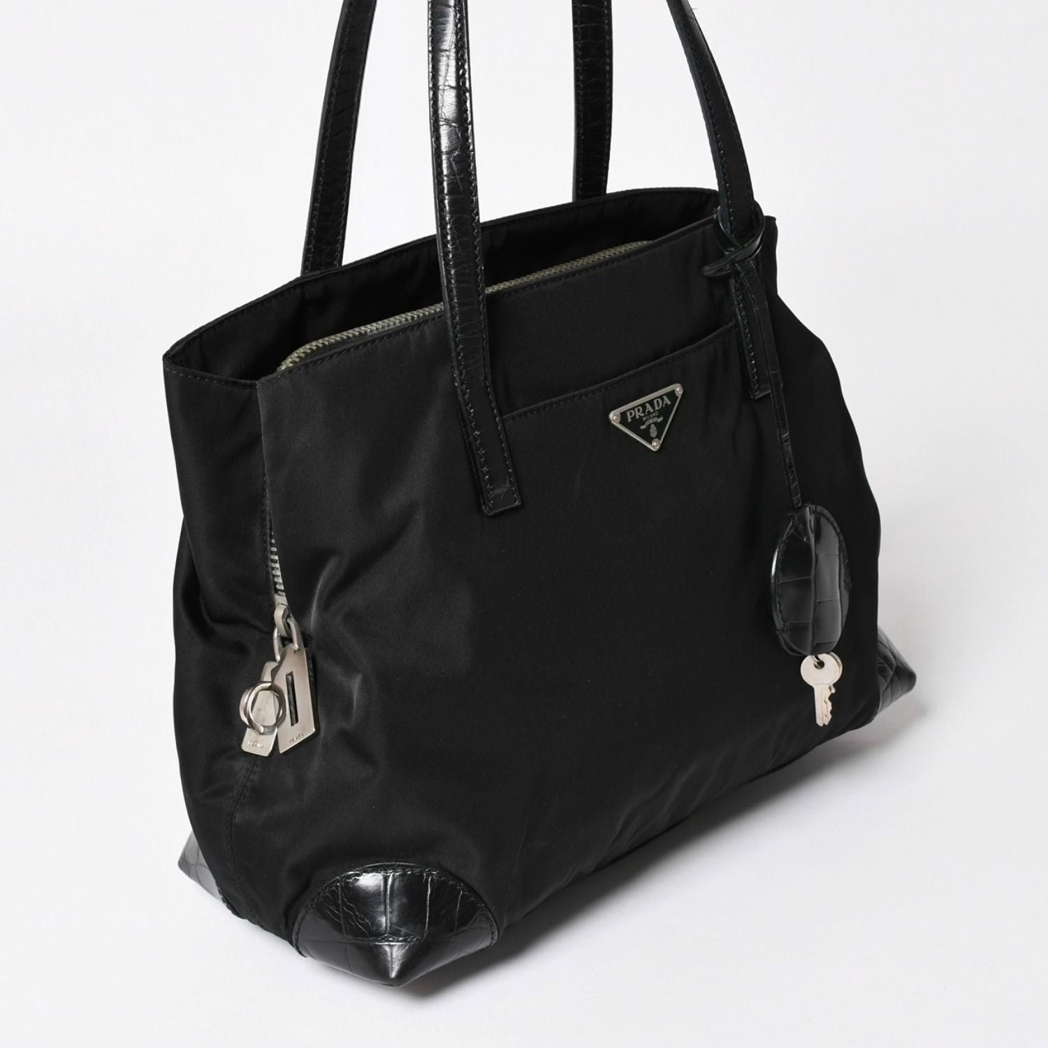 Prada Tote Bag Croco Embossed Nylon Leather Black Silver — view 3
