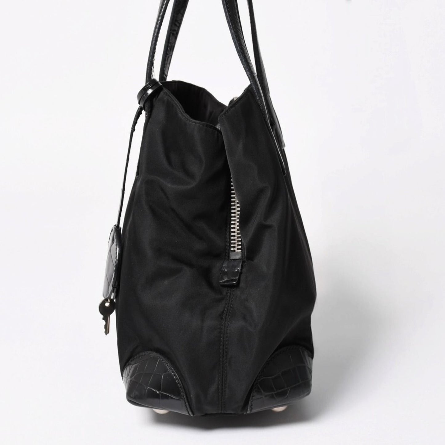 Prada Tote Bag Croco Embossed Nylon Leather Black Silver — view 5