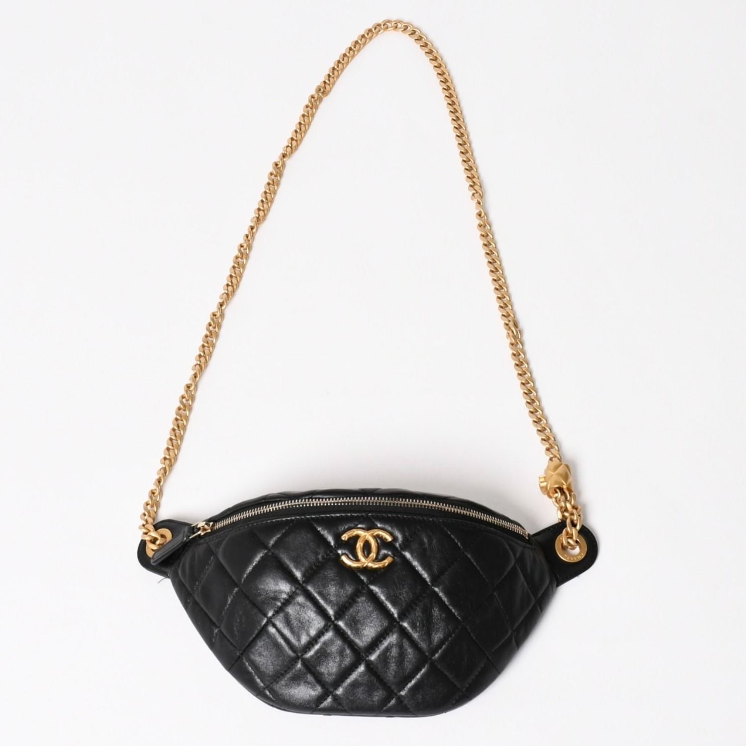 Chanel Quilted Heart Chain Waist Bag Mini Random Model Lambskin Black Gold