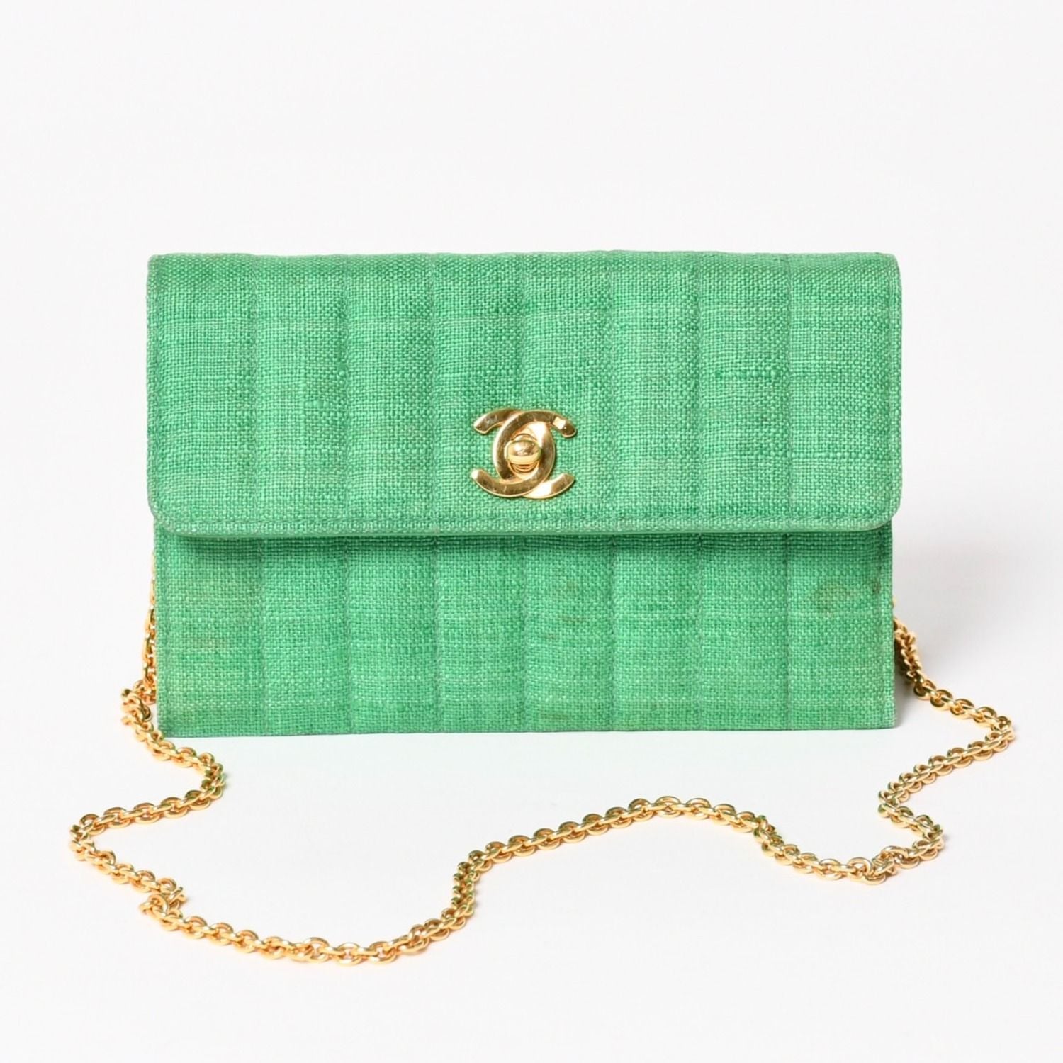 Chanel Quilted Linen S Flap Mini Bag Green Gold