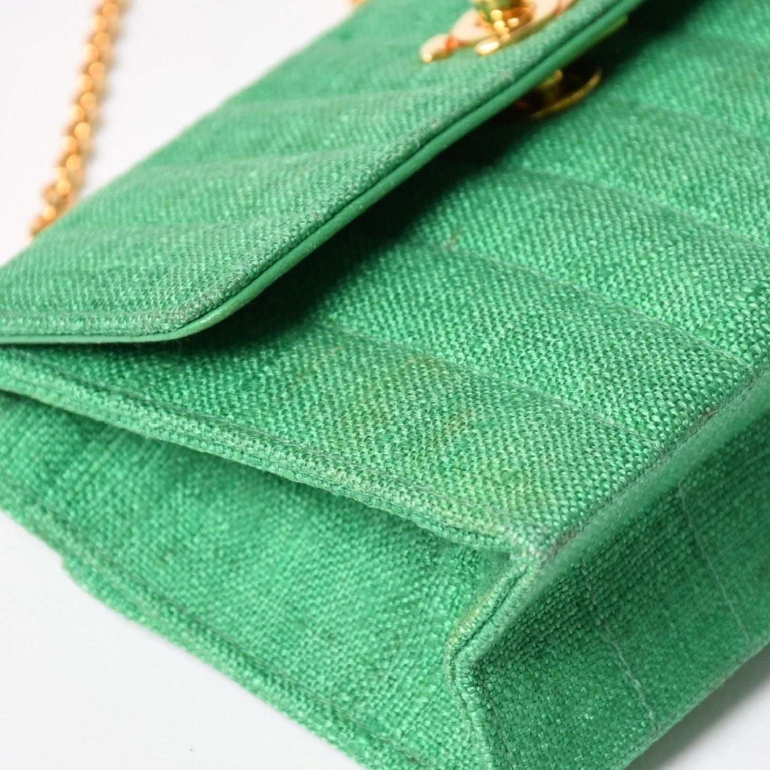 Chanel Quilted Linen S Flap Mini Bag Green Gold — view 8