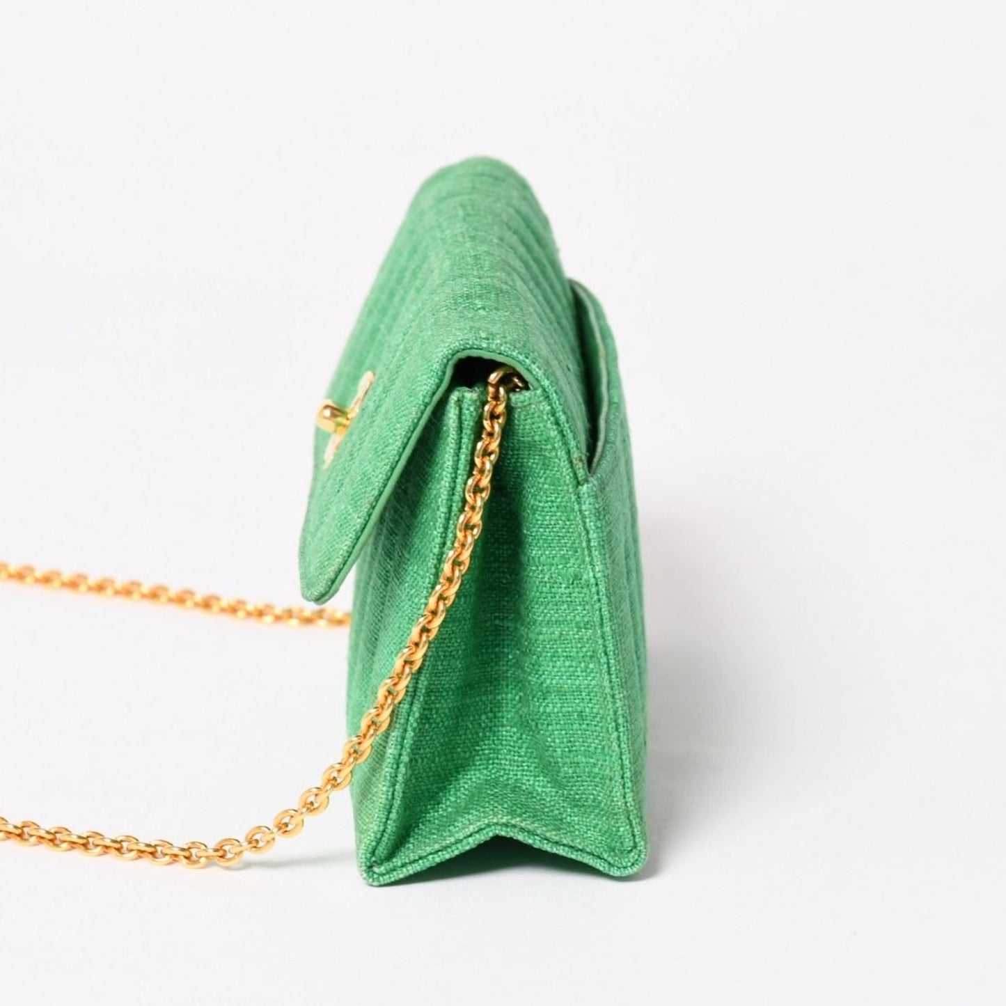 Chanel Quilted Linen S Flap Mini Bag Green Gold — view 4