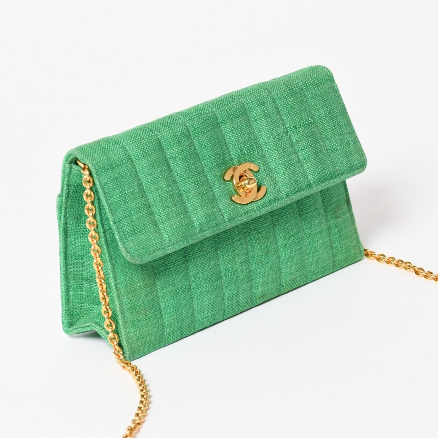 Chanel Quilted Linen S Flap Mini Bag Green Gold — view 3