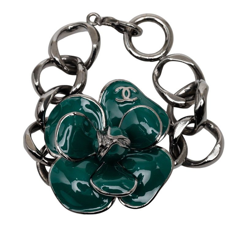 Chanel CC Logo Camellia Chain Bracelet 06c Silver Green Metal — view 4