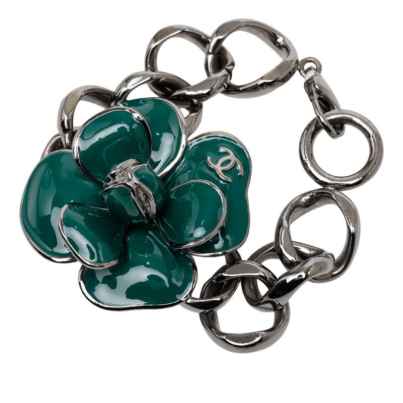 Chanel CC Logo Camellia Chain Bracelet 06c Silver Green Metal — view 2