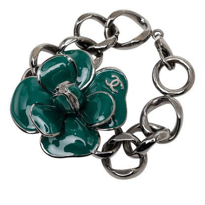 Chanel CC Logo Camellia Chain Bracelet 06c Silver Green Metal — view 2
