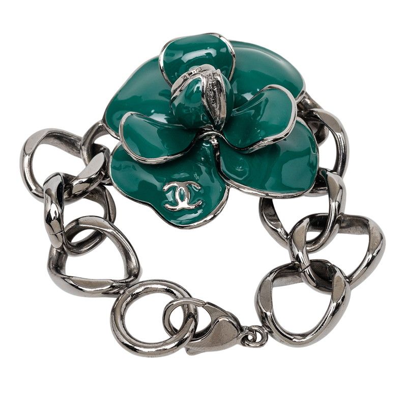 Chanel CC Logo Camellia Chain Bracelet 06c Silver Green Metal — view 3
