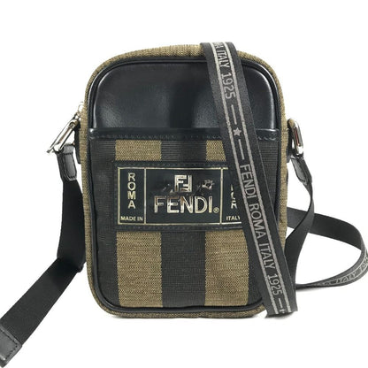 Fendi Shoulder Bag Logo Pecan Leather Canvas Khaki