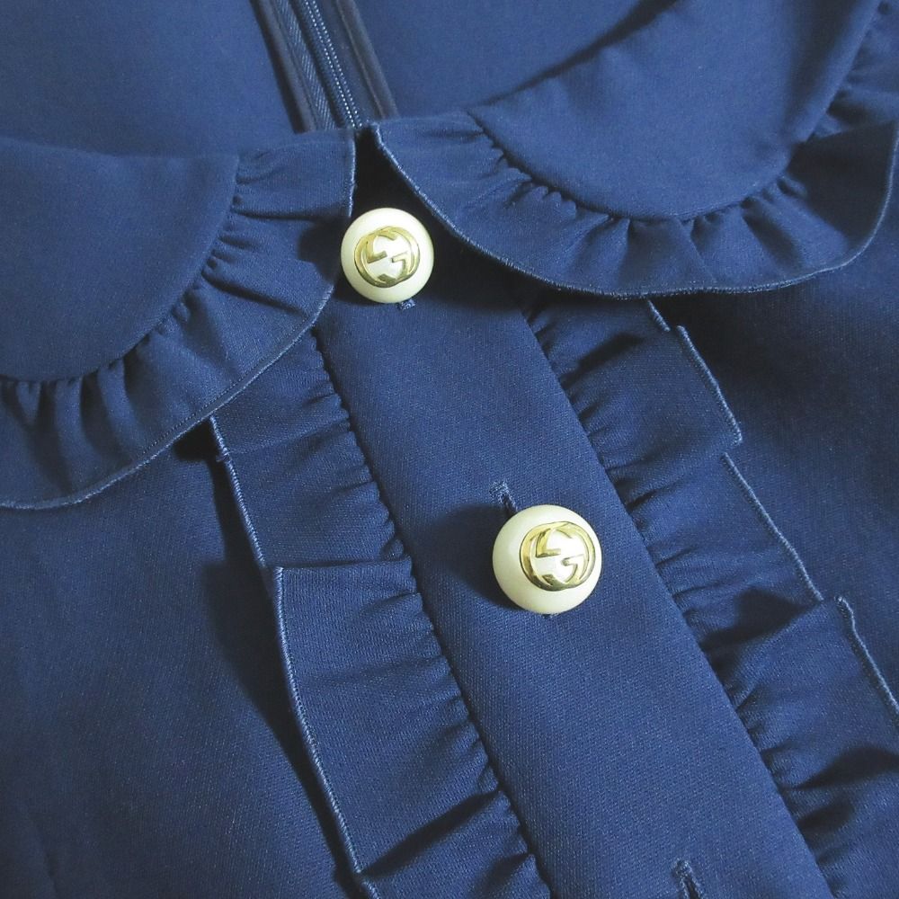Gucci Silk Cotton GG Faux Pearl Button Frill Color Dress 36 Navy — view 6