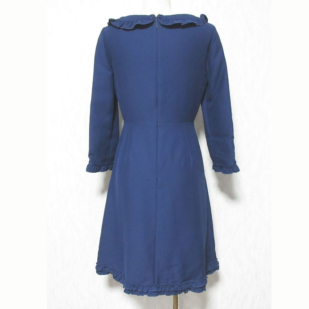 Gucci Silk Cotton GG Faux Pearl Button Frill Color Dress 36 Navy — view 2