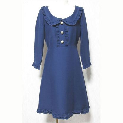 Gucci Silk Cotton GG Faux Pearl Button Frill Color Dress 36 Navy