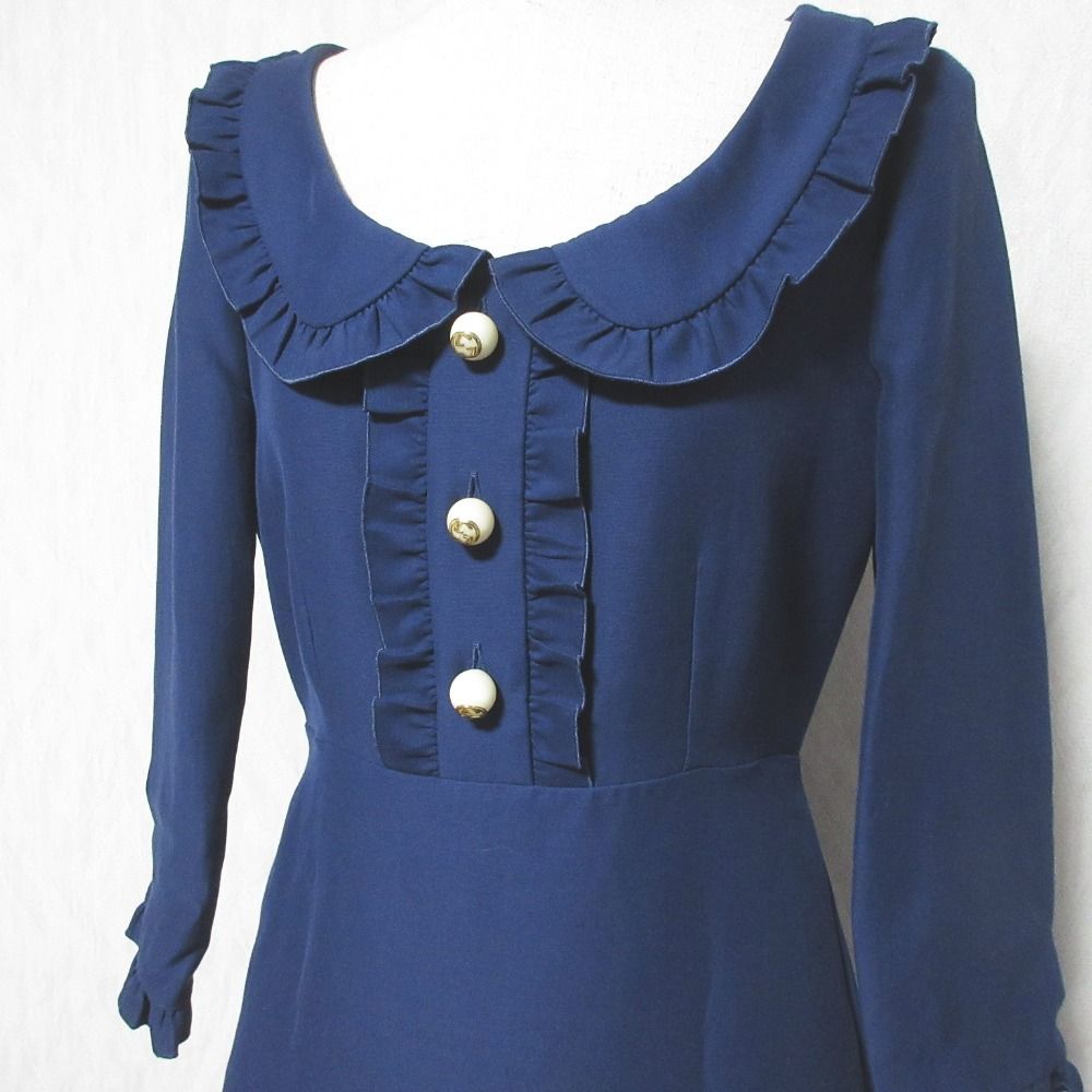 Gucci Silk Cotton GG Faux Pearl Button Frill Color Dress 36 Navy — view 4