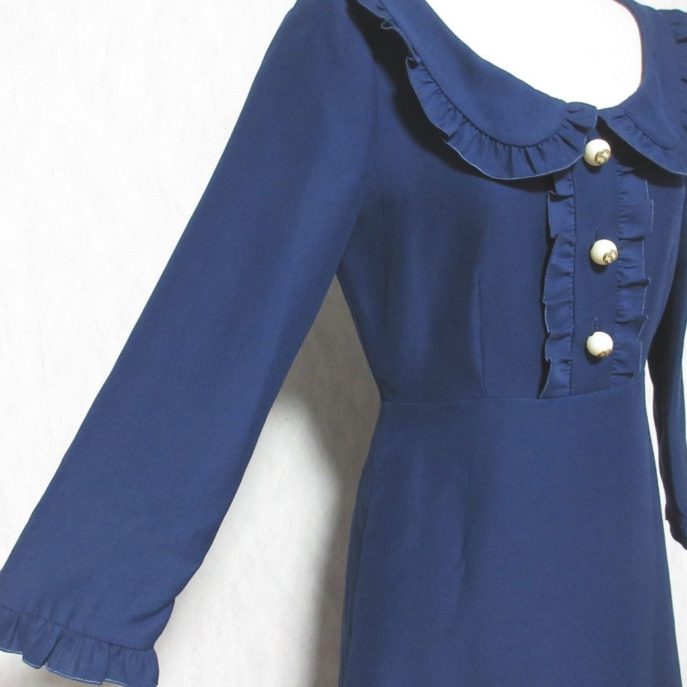 Gucci Silk Cotton GG Faux Pearl Button Frill Color Dress 36 Navy — view 5
