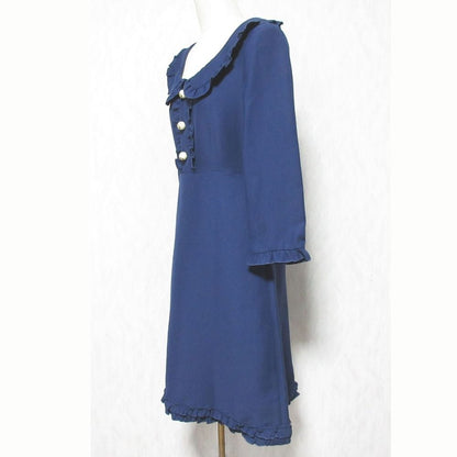 Gucci Silk Cotton GG Faux Pearl Button Frill Color Dress 36 Navy — view 3