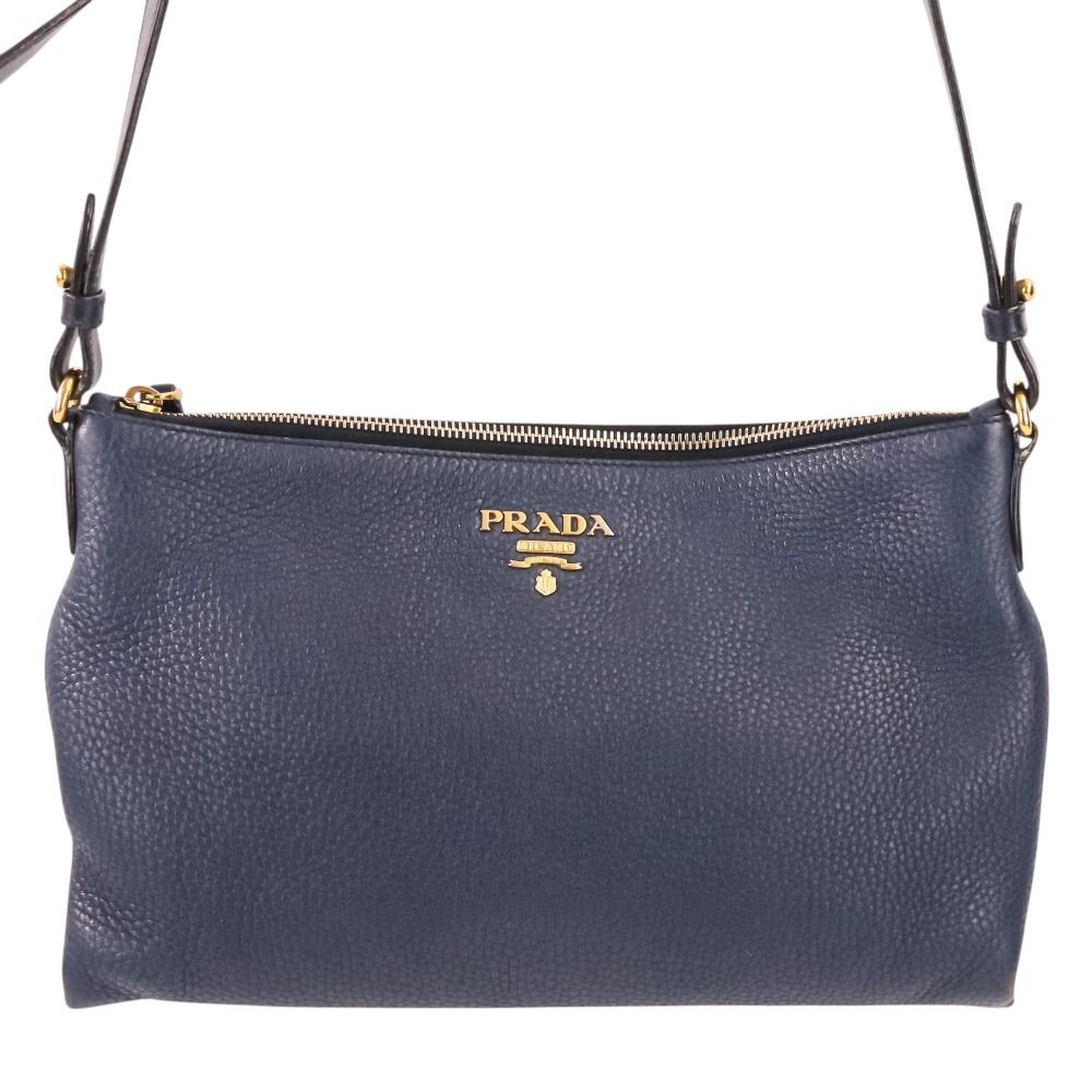 Prada Vitello Daino Leather Shoulder Bag Striped Strap Included Navy — view 2