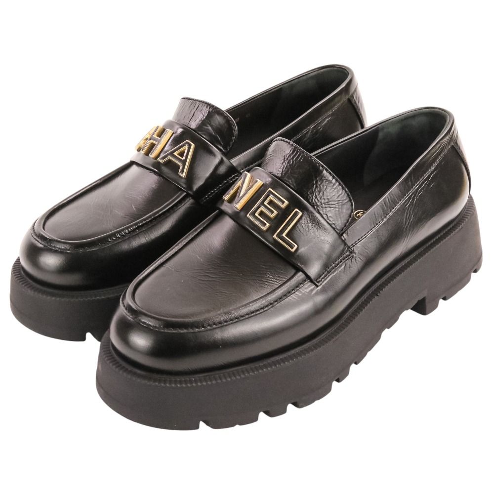 Chanel Platform Leather Loafers c Black 38