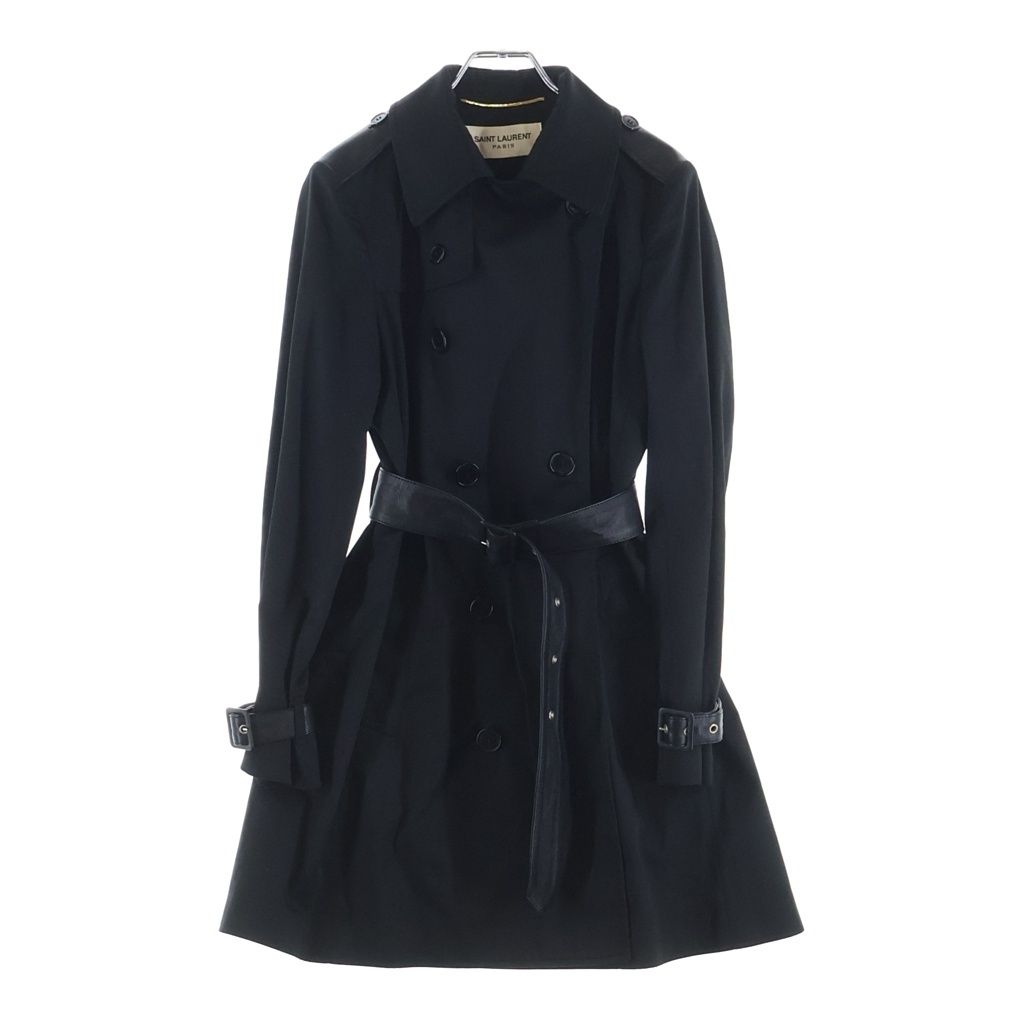 Saint Laurent Paris Belted Polyester Cotton Trench Coat Long Black