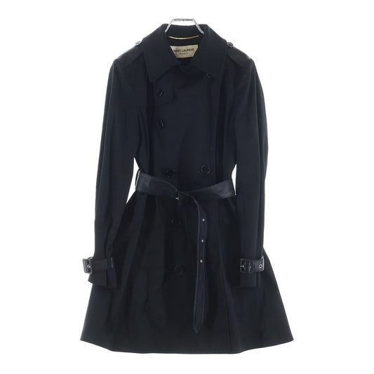 Saint Laurent Paris Belted Polyester Cotton Trench Coat Long Black