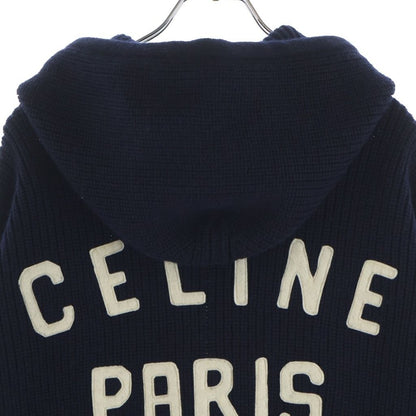 Celine Carre C Logo Zip Up Wool Knit Hoodie Navy — view 4