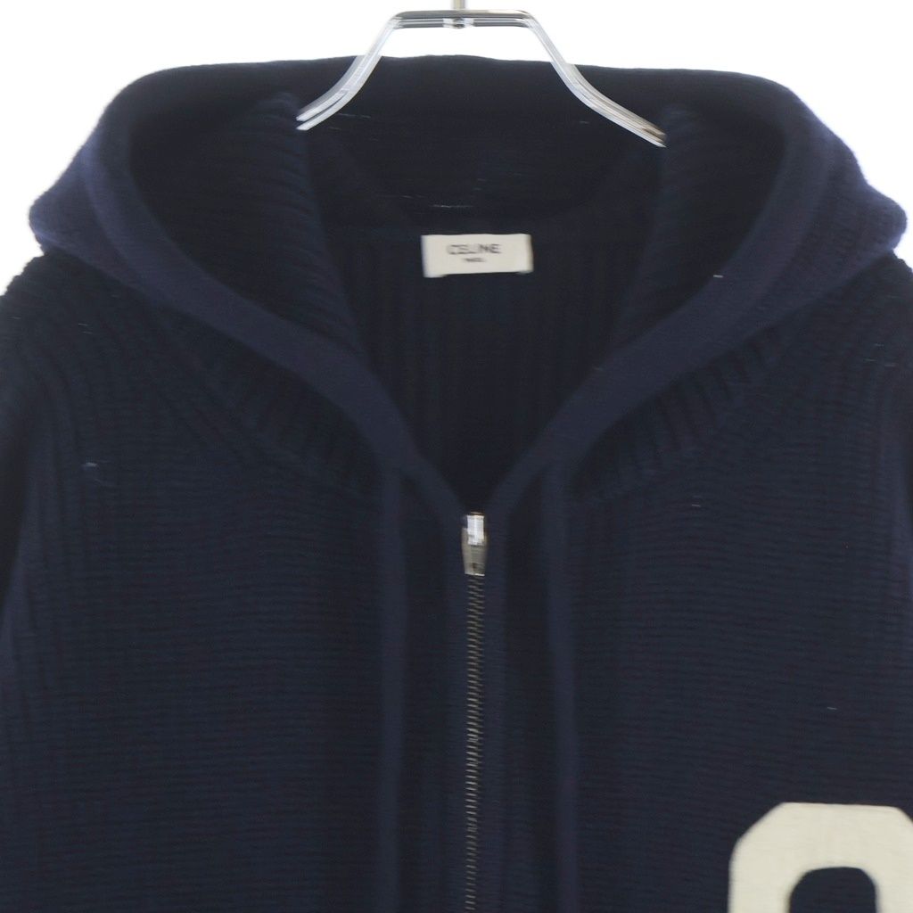 Celine Carre C Logo Zip Up Wool Knit Hoodie Navy — view 3