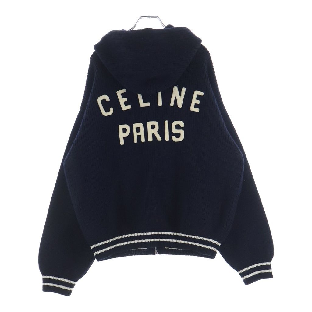 Celine Carre C Logo Zip Up Wool Knit Hoodie Navy