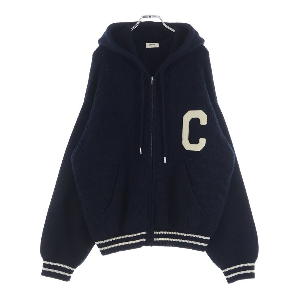 Celine Carre C Logo Zip Up Wool Knit Hoodie Navy — view 2