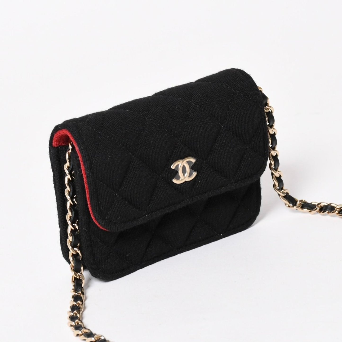 Chanel Mini Quilted Chain Shoulder Bag CC Logo Stand Black Gold Cotton — view 3
