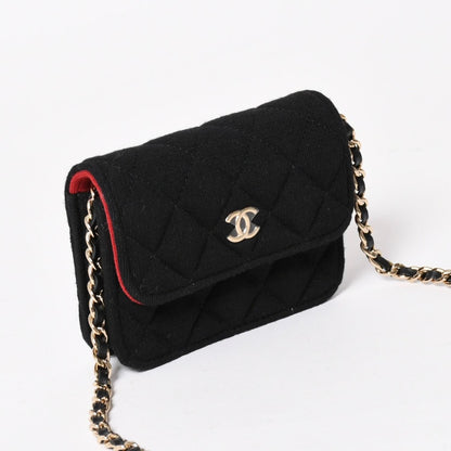 Chanel Mini Quilted Chain Shoulder Bag CC Logo Stand Black Gold Cotton — view 3