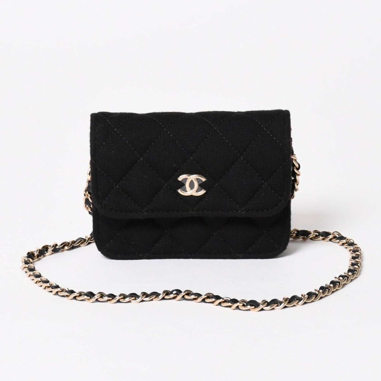 Chanel Mini Quilted Chain Shoulder Bag CC Logo Stand Black Gold Cotton