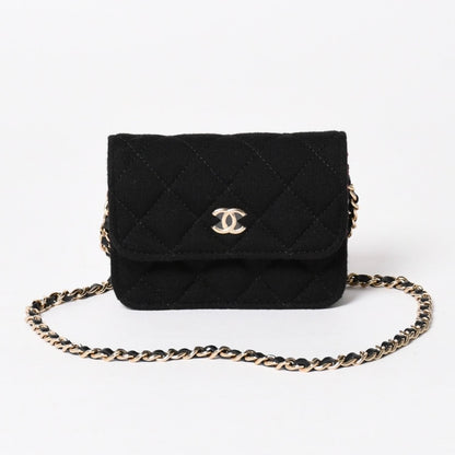 Chanel Mini Quilted Chain Shoulder Bag CC Logo Stand Black Gold Cotton