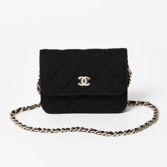 Chanel Mini Quilted Chain Shoulder Bag CC Logo Stand Black Gold Cotton