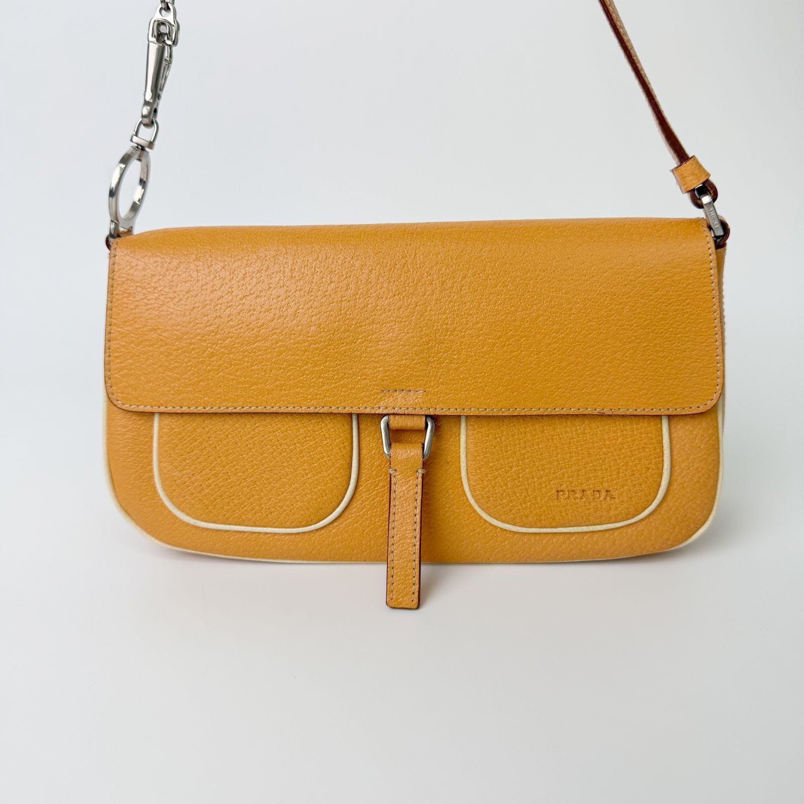 Prada Logo Chain Shoulder Bag Leather Beige Silver Vintage — view 3