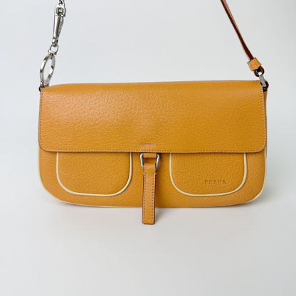 Prada Logo Chain Shoulder Bag Leather Beige Silver Vintage — view 3