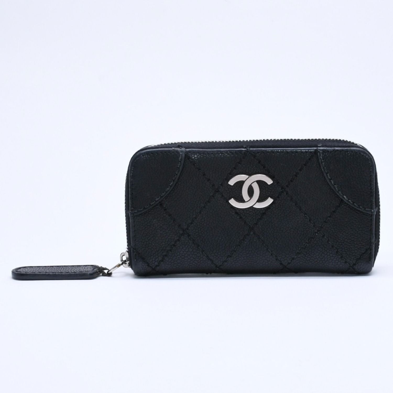 Chanel Leather Wallet Card Case CC Logo Wild Stitch Caviar Black Silver