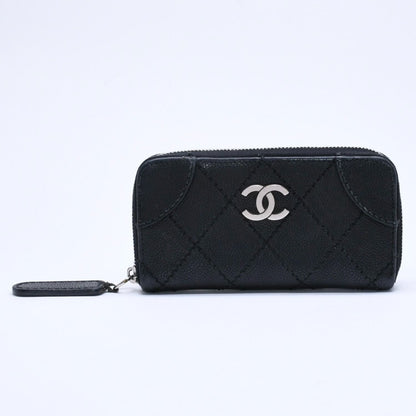 Chanel Leather Wallet Card Case CC Logo Wild Stitch Caviar Black Silver