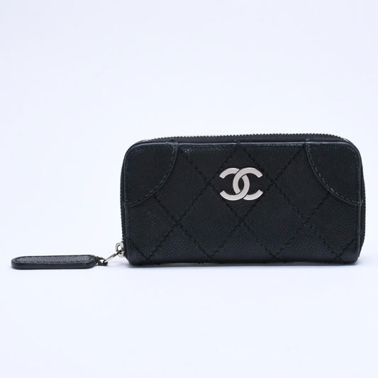 Chanel Leather Wallet Card Case CC Logo Wild Stitch Caviar Black Silver