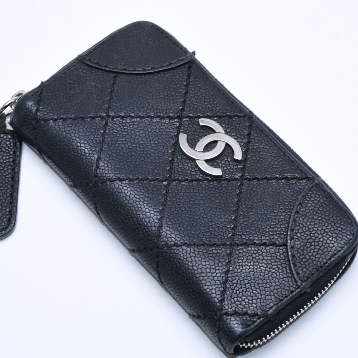 Chanel Leather Wallet Card Case CC Logo Wild Stitch Caviar Black Silver — view 3