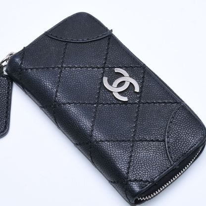 Chanel Leather Wallet Card Case CC Logo Wild Stitch Caviar Black Silver — view 3