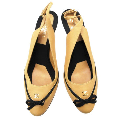 Chanel Pumps CC Logo Ribbon Sling Back Beige Heel — view 5