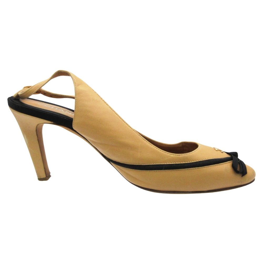 Chanel Pumps CC Logo Ribbon Sling Back Beige Heel — view 3