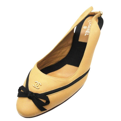 Chanel Pumps CC Logo Ribbon Sling Back Beige Heel
