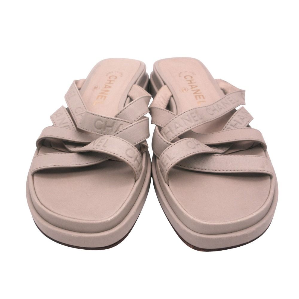 Chanel Sandals Leather Logo Cross Belt Strap Shoes Gray Green