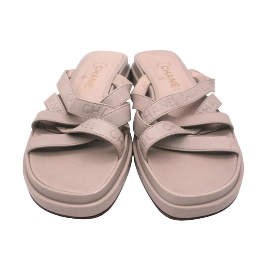 Chanel Sandals Leather Logo Cross Belt Strap Shoes Gray Green