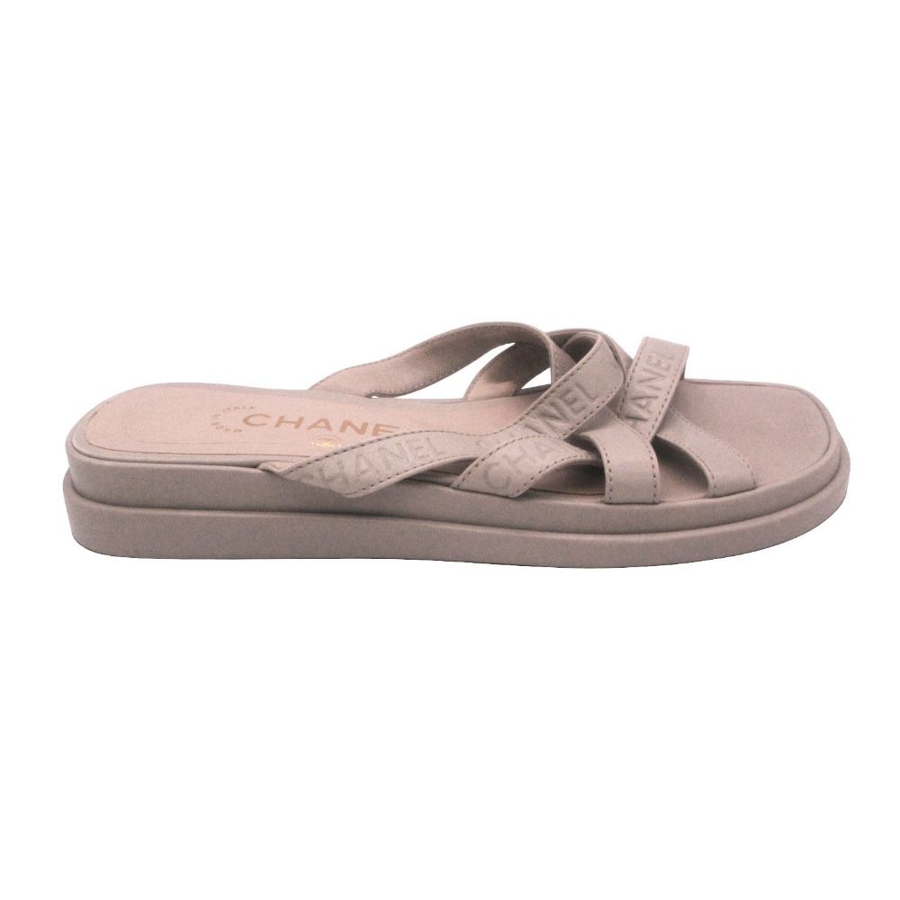 Chanel Sandals Leather Logo Cross Belt Strap Shoes Gray Green — view 2