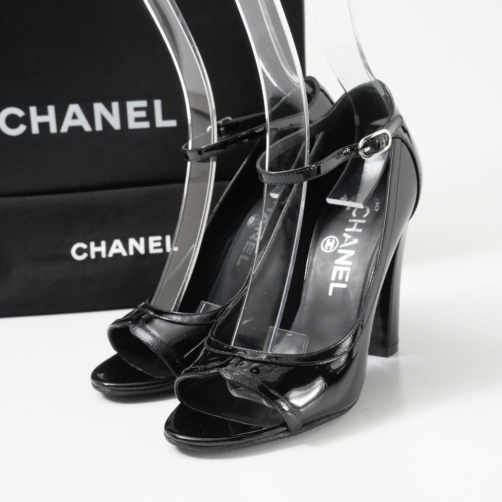 Chanel 12P Chaus Ouvertes Pumps C CC Logo Patent Heel 35.5