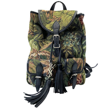 Saint Laurent Festival Tapestry Backpack Canvas Leather Black Multicolor Fine
