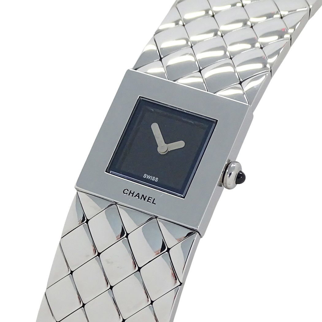 Chanel Watch Quilted Quartz Stainless Steel Silver Black Square