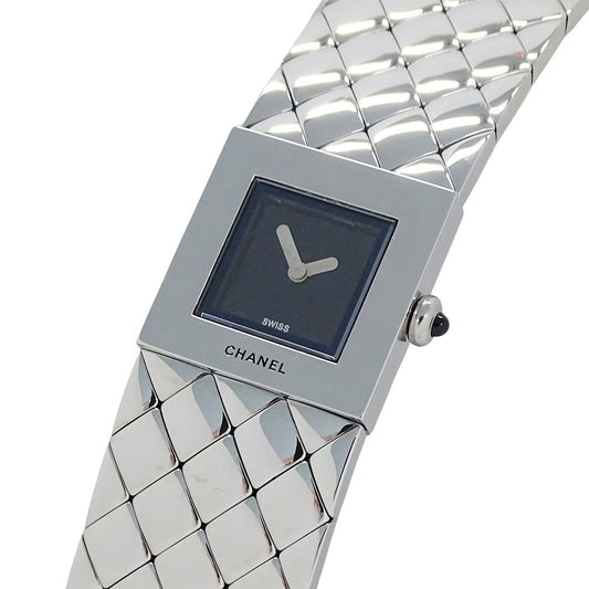 Chanel Watch Quilted Quartz Stainless Steel Silver Black Square